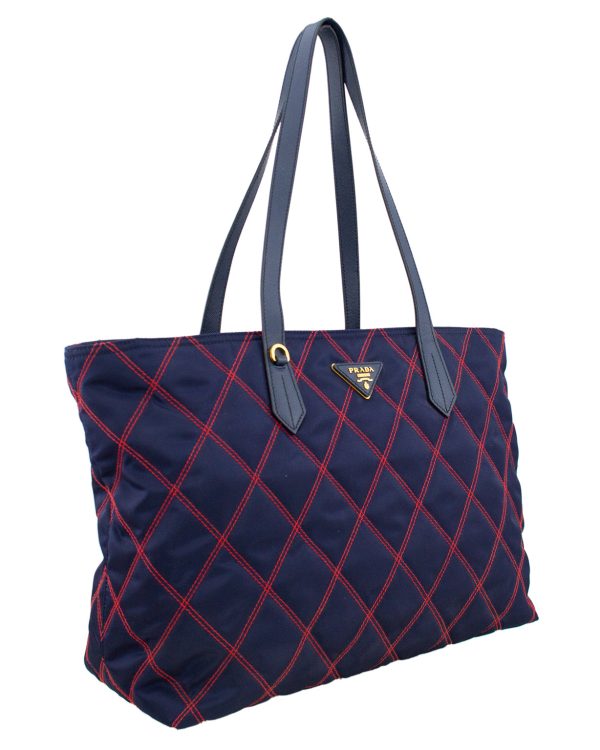 Navy Blue and Red Quilted Tessuto Impunto Tote Bag For Cheap