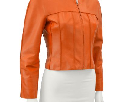 Orange Cropped Leather Jacket Cheap