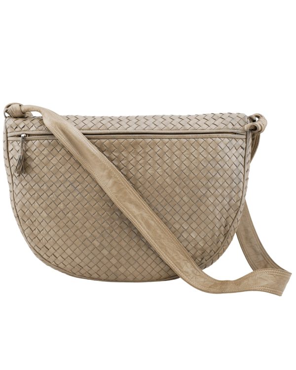 Taupe Leather Intrecciato Crossbody Bag on Sale