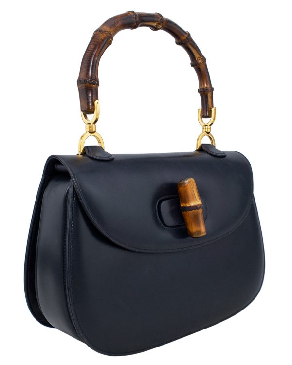 1947 Original Issue Navy Leather Handbag With Bamboo Handle on Sale