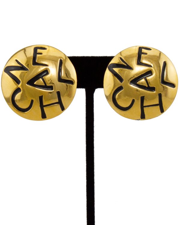 Gold Tone Button Clip on Earrings with Black Engraving For Cheap