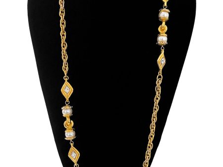 Gold Tone Chain Link Necklace with Rhinestone and Pearl Details Sale