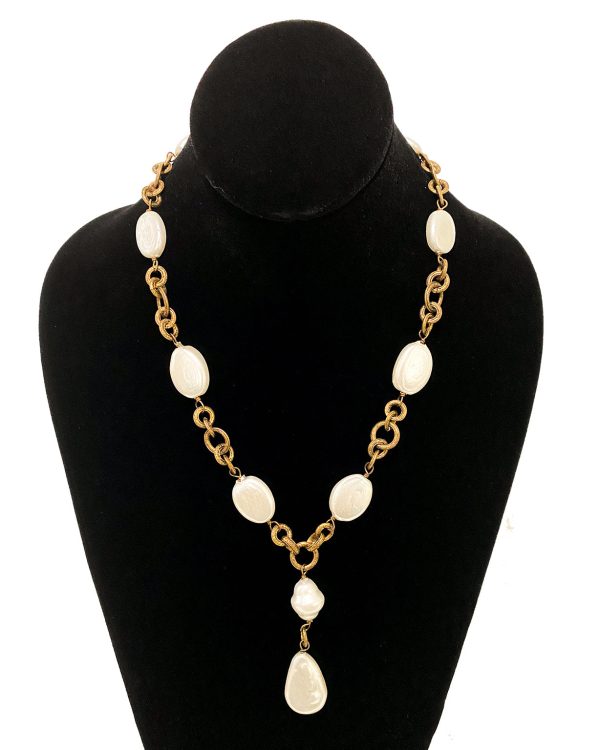 Pearl and Gilt Metal Chain Drop Necklace Fashion