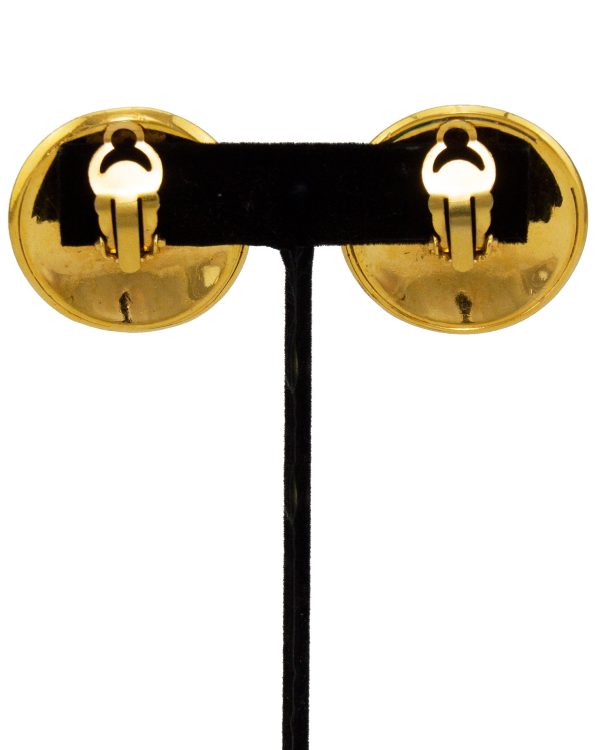 Gold Tone Button Clip on Earrings with Black Engraving For Cheap