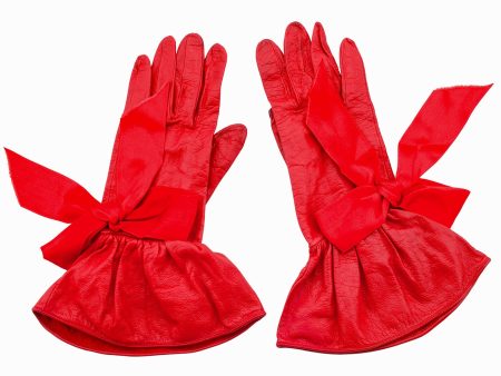 1990s Red Leather Gloves with Satin Bows Hot on Sale