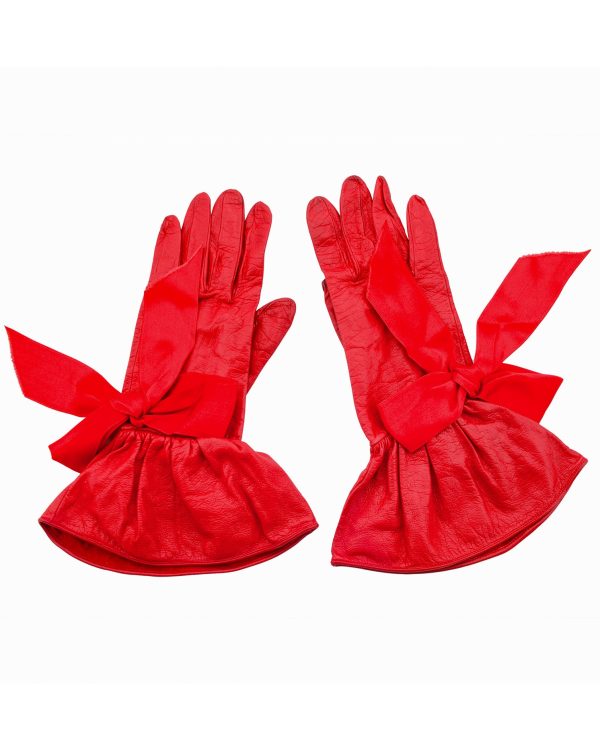 1990s Red Leather Gloves with Satin Bows Hot on Sale