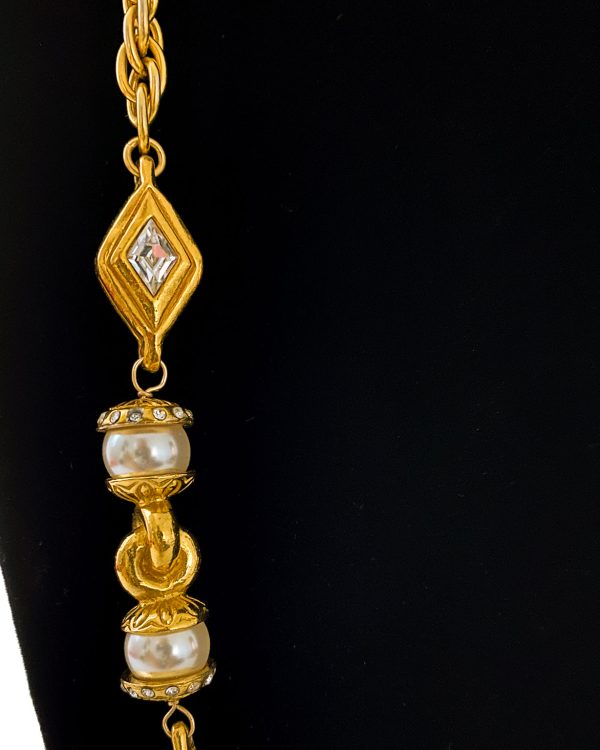 Gold Tone Chain Link Necklace with Rhinestone and Pearl Details Sale