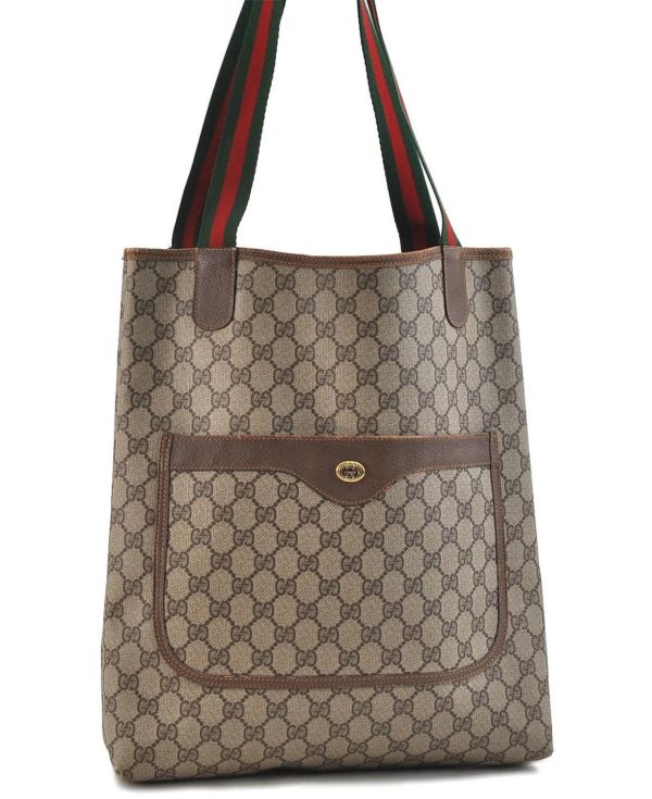 Authentic GUCCI Web Sherry Line Shoulder Tote Bag GG PVC Leather Brown 0980D Supply