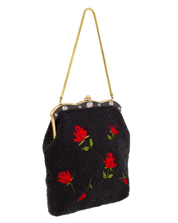 Black Beaded Evening Bag with Red Roses Hot on Sale