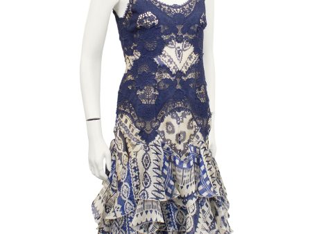 Blue Lace and Printed Cocktail Dress For Discount