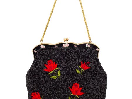 Black Beaded Evening Bag with Red Roses Hot on Sale