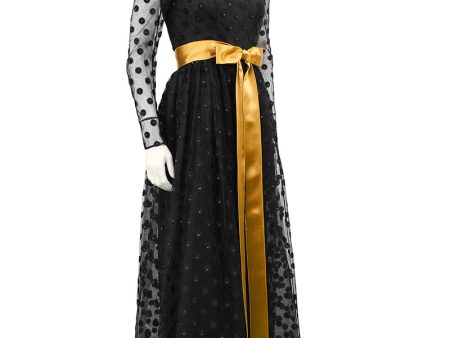 Black Long Sleeve Gown with Polka Dot Net Overlay and Gold Sash Online