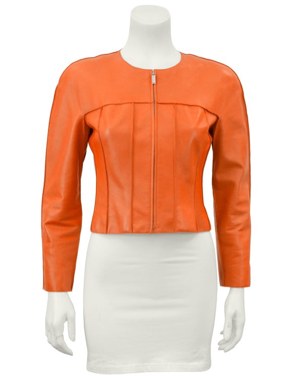 Orange Cropped Leather Jacket Cheap