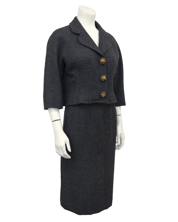 Charcoal Gray Balenciaga Skirt Suit With Oversized Jewelled Buttons Online Sale