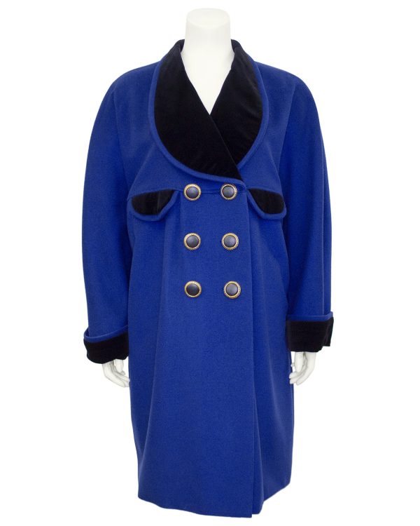 Blue and Black Double Breasted Cocoon Coat For Cheap