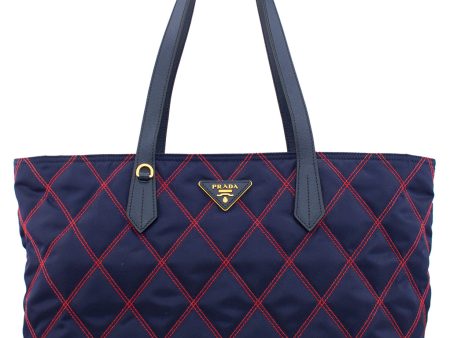 Navy Blue and Red Quilted Tessuto Impunto Tote Bag For Cheap