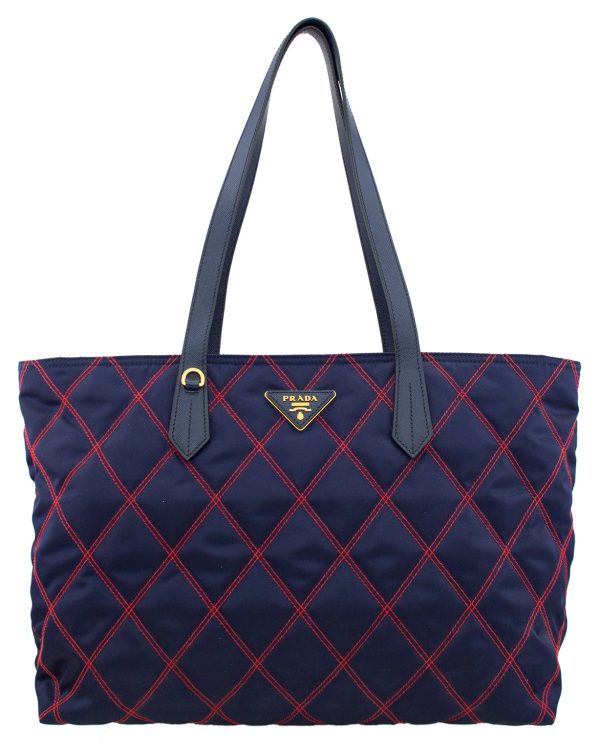 Navy Blue and Red Quilted Tessuto Impunto Tote Bag For Cheap