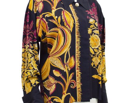 Black Silk Shirt with Gold and Maroon Botanical Print Discount