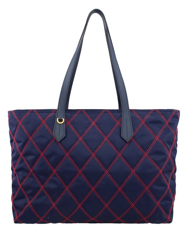 Navy Blue and Red Quilted Tessuto Impunto Tote Bag For Cheap