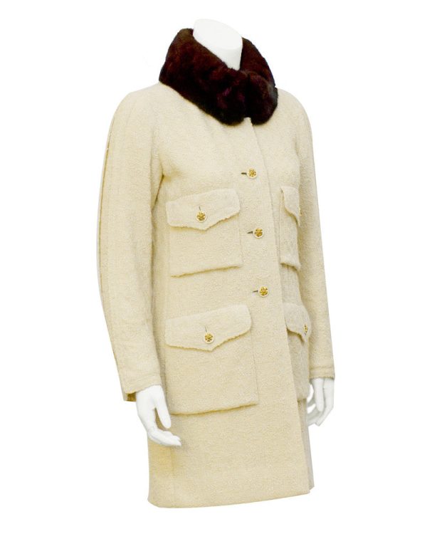 Cream Couture Boucle Coat with Mink Collar For Sale